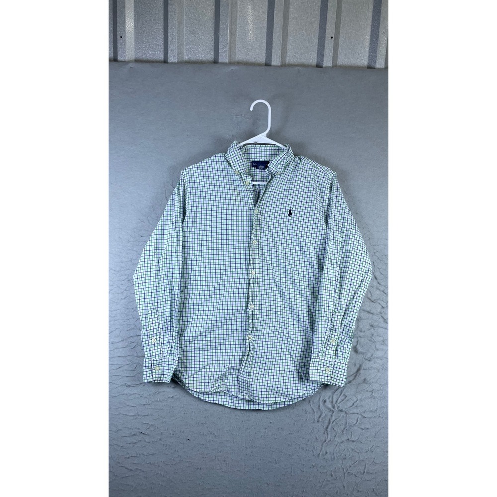 Ralph Lauren Button Down Shirt Mens L 14-16 Green Blue Check Long Sleeve